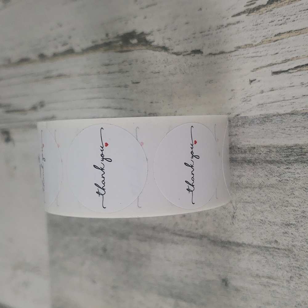 1 roll of 500 white Thank You stickers black cursive red heart